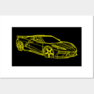 Accelerate Yellow Corvette C8 Racecar 3/4 View Outline Silhouette Outline Accelerate Yellow Supercar Sports car Racing car Posters and Art